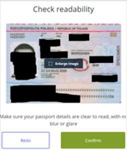 Passkontrollinstruktioner med suddig polsk passbild och text för att säkerställa läsbarhet utan oskärpa eller bländning